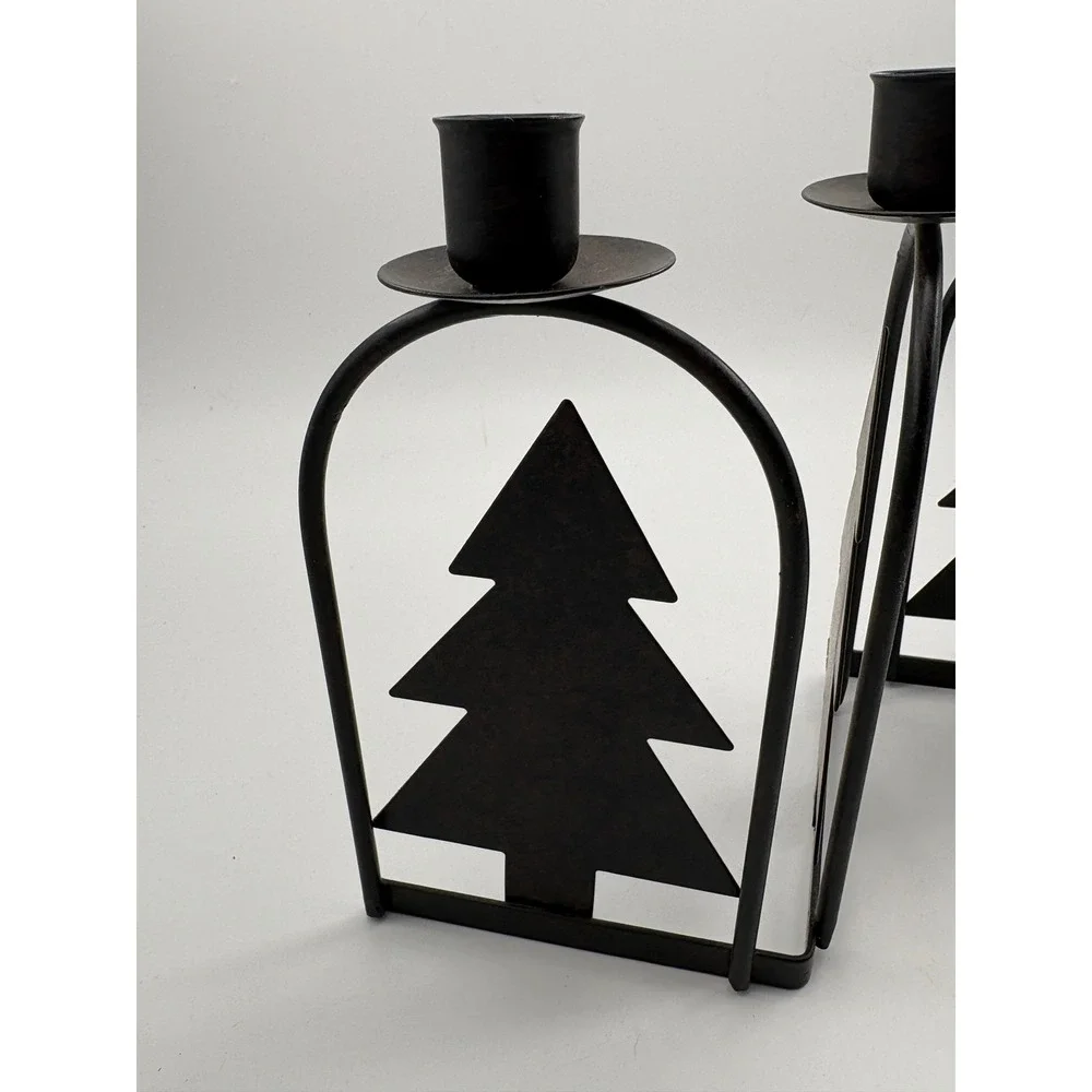 Vintage Rustic Metal Pine Tree 3 Cup Taper Candle Holder Accordion Centerpiece